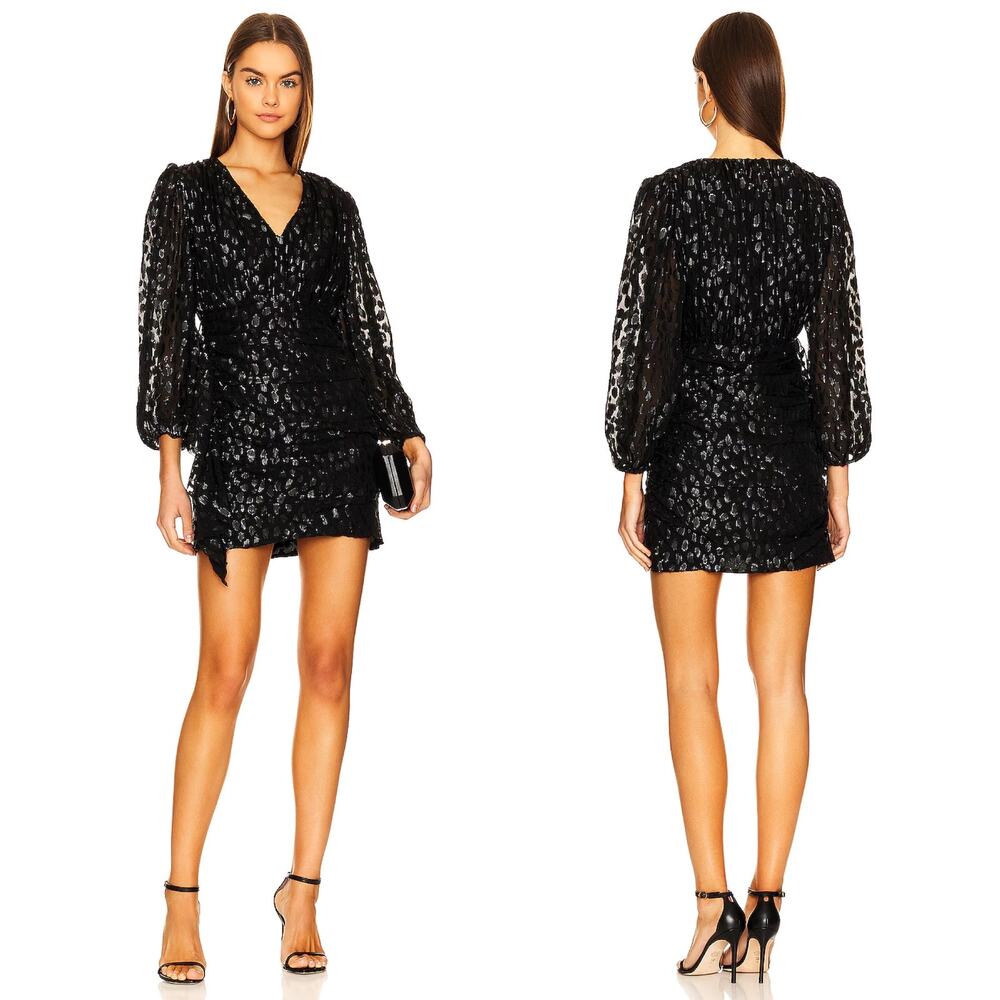 NWT RHODE Bianca Dress‎ Black Metallic Size 2 Long Sleeve V-Neck Ruffles Blouson